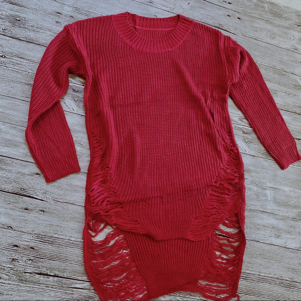 Sexy Wine Ripped Long Sleeve Sweater Dress - Picture 5 of 6